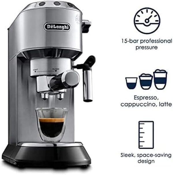 de'longhi dedica style ec685.m, machine à expresso avec buse à mousse de lait professionnelle, seulement 15 cm de large, réservoir de 1 l, boîtier en métal, compatible avec les dosettes e.s.e, métal