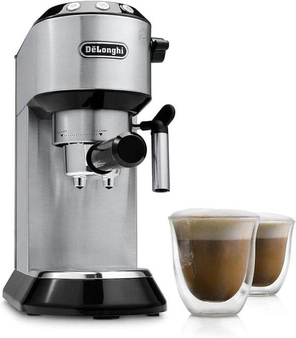 de'longhi dedica style ec685.m, machine à expresso avec buse à mousse de lait professionnelle, seulement 15 cm de large, réservoir de 1 l, boîtier en métal, compatible avec les dosettes e.s.e, métal