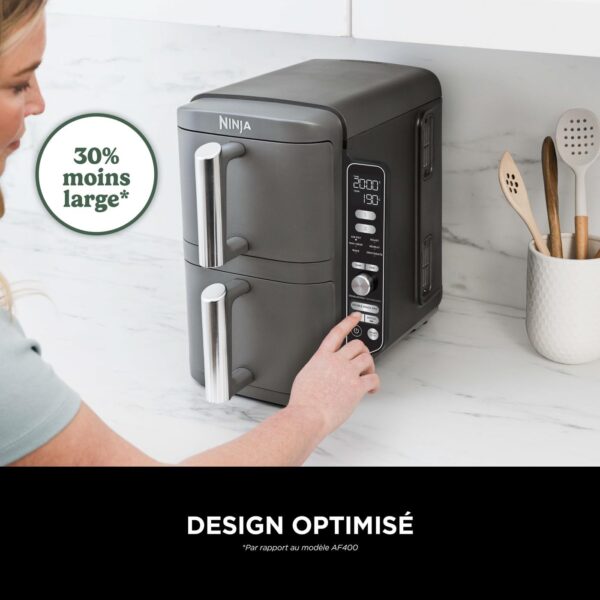 ninja double stack xl friteuse sans huile, friteuse verticale à 2 tiroirs, 4 niveaux cuisson, 2 tiroirs et 2 grilles, design compact, capacité de 9,5l, 6 fonctions de cuisson, 8 portions, gris sl400eu