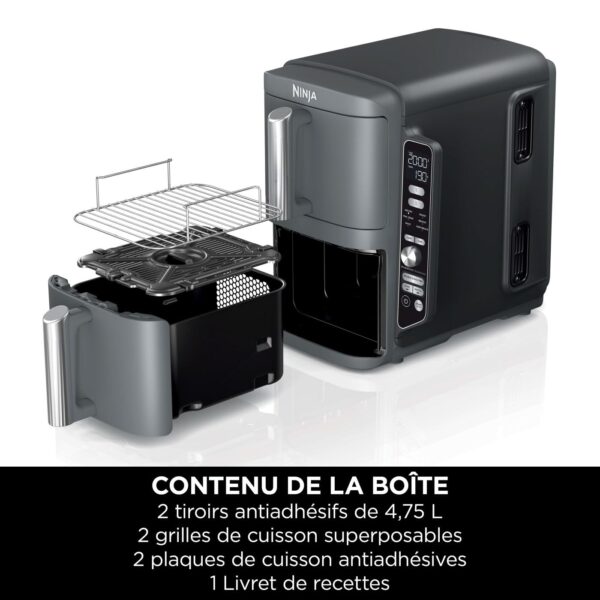 ninja double stack xl friteuse sans huile, friteuse verticale à 2 tiroirs, 4 niveaux cuisson, 2 tiroirs et 2 grilles, design compact, capacité de 9,5l, 6 fonctions de cuisson, 8 portions, gris sl400eu