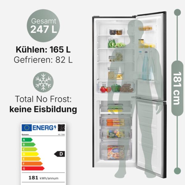 grynais réfrigérateur et congélateur 247l kg7360 noir, système multiairflow, totalement sans givre, 4 Étagères en verre, Éclairage led, classe Énergétique a+, noir