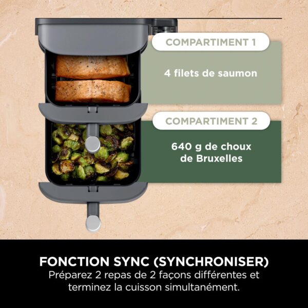 ninja double stack xl friteuse sans huile, friteuse verticale à 2 tiroirs, 4 niveaux cuisson, 2 tiroirs et 2 grilles, design compact, capacité de 9,5l, 6 fonctions de cuisson, 8 portions, gris sl400eu