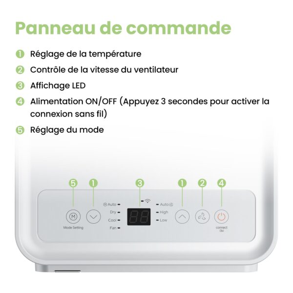 grynais climatiseur mobile 9000 btu/h 2,6kw, contrôle app, 3 modes, 3 vitesses de ventilation, dimensions compactes, pour pièces de 33㎡, breezy cool 2.6, fonctionne avec alexa