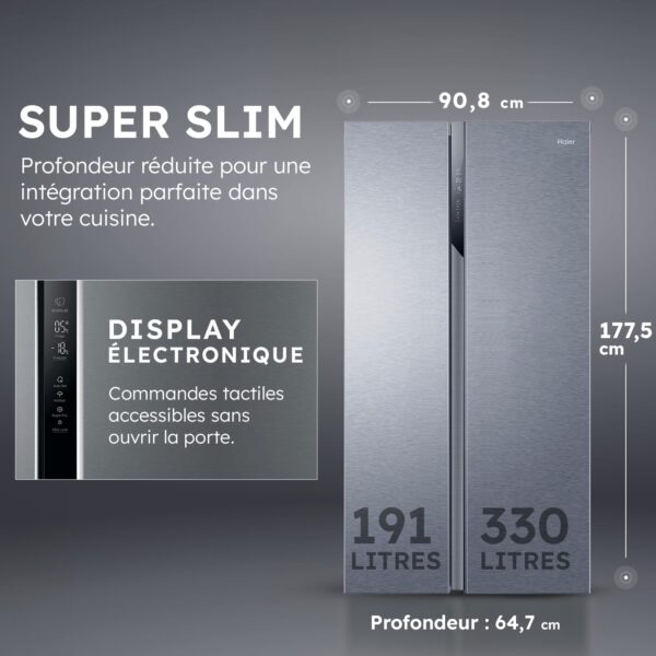 grynais réfrigérateur américain 2 portes classe Énergétique e technologie total no frost multi air flow inox 337l + 191l (congélateur) 177,5 x 90,8 x 64,7 cm modèle hsr3918enpg