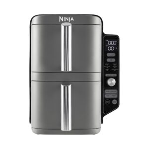 ninja double stack xl friteuse sans huile, friteuse verticale à 2 tiroirs, 4 niveaux cuisson, 2 tiroirs et 2 grilles, design compact, capacité de 9,5l, 6 fonctions de cuisson, 8 portions, gris sl400eu