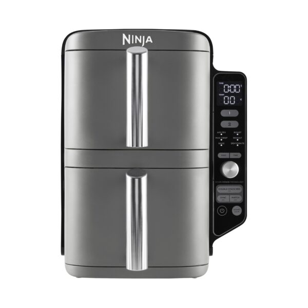 ninja double stack xl friteuse sans huile, friteuse verticale à 2 tiroirs, 4 niveaux cuisson, 2 tiroirs et 2 grilles, design compact, capacité de 9,5l, 6 fonctions de cuisson, 8 portions, gris sl400eu