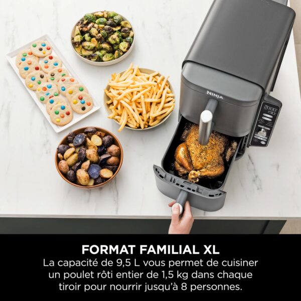 ninja double stack xl friteuse sans huile, friteuse verticale à 2 tiroirs, 4 niveaux cuisson, 2 tiroirs et 2 grilles, design compact, capacité de 9,5l, 6 fonctions de cuisson, 8 portions, gris sl400eu