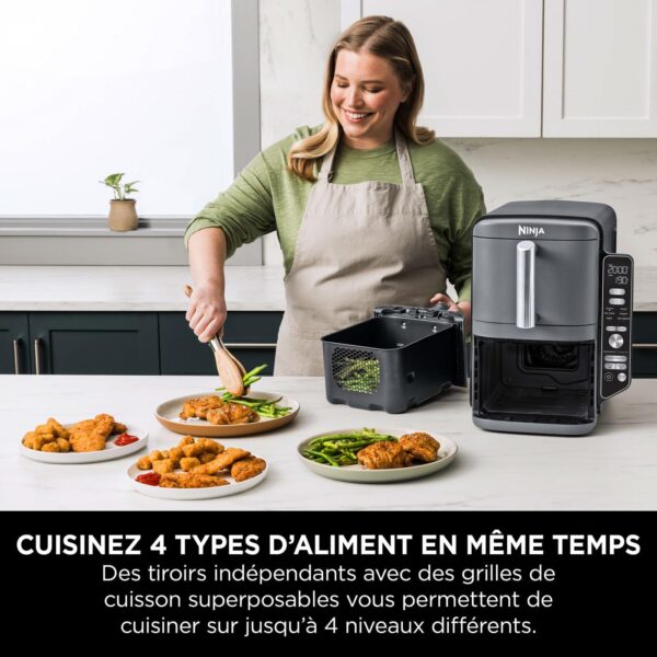 ninja double stack xl friteuse sans huile, friteuse verticale à 2 tiroirs, 4 niveaux cuisson, 2 tiroirs et 2 grilles, design compact, capacité de 9,5l, 6 fonctions de cuisson, 8 portions, gris sl400eu