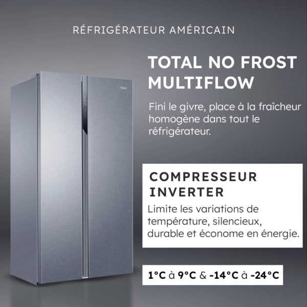 grynais réfrigérateur américain 2 portes classe Énergétique e technologie total no frost multi air flow inox 337l + 191l (congélateur) 177,5 x 90,8 x 64,7 cm modèle hsr3918enpg