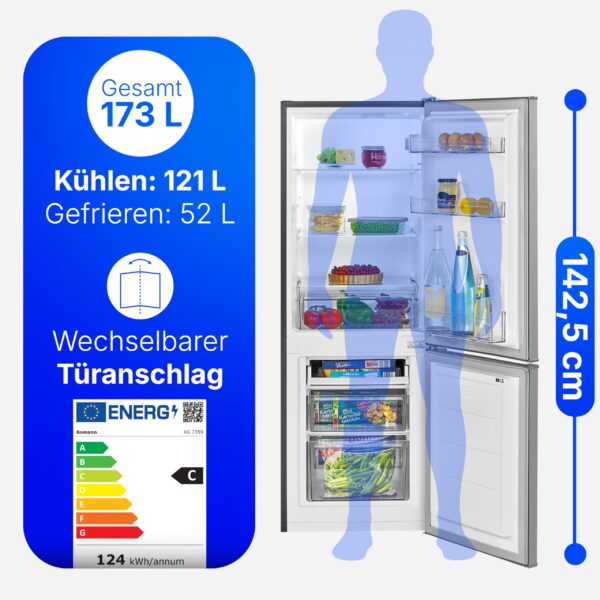 grynais, réfrigérateur et congélateur 173l inox kg7359 réfrigérateur 121l, congélateur 52l, Éclairage led, contrôle température, alarme ouverture, Économie Énergie, dimensions 142,5x49,5x56 cm