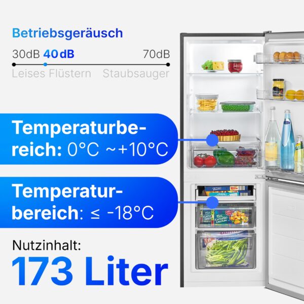 grynais, réfrigérateur et congélateur 173l inox kg7359 réfrigérateur 121l, congélateur 52l, Éclairage led, contrôle température, alarme ouverture, Économie Énergie, dimensions 142,5x49,5x56 cm