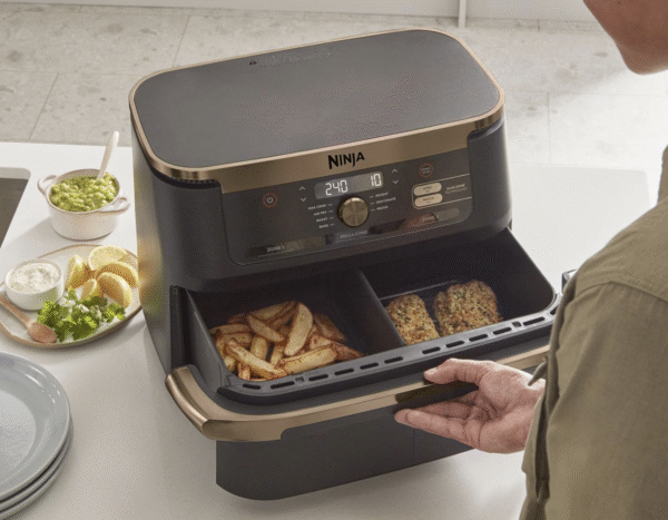 grynais foodi flexdrawer air fryer, dual zone avec séparateur amovible, grand tiroir de 10.4 l, 7 en 1, double zone, pièces antiadhésives compatibles au lave vaisselle, noir & cuivre, af500eucp