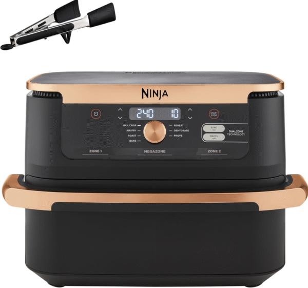 grynais foodi flexdrawer air fryer, dual zone avec séparateur amovible, grand tiroir de 10.4 l, 7 en 1, double zone, pièces antiadhésives compatibles au lave vaisselle, noir & cuivre, af500eucp